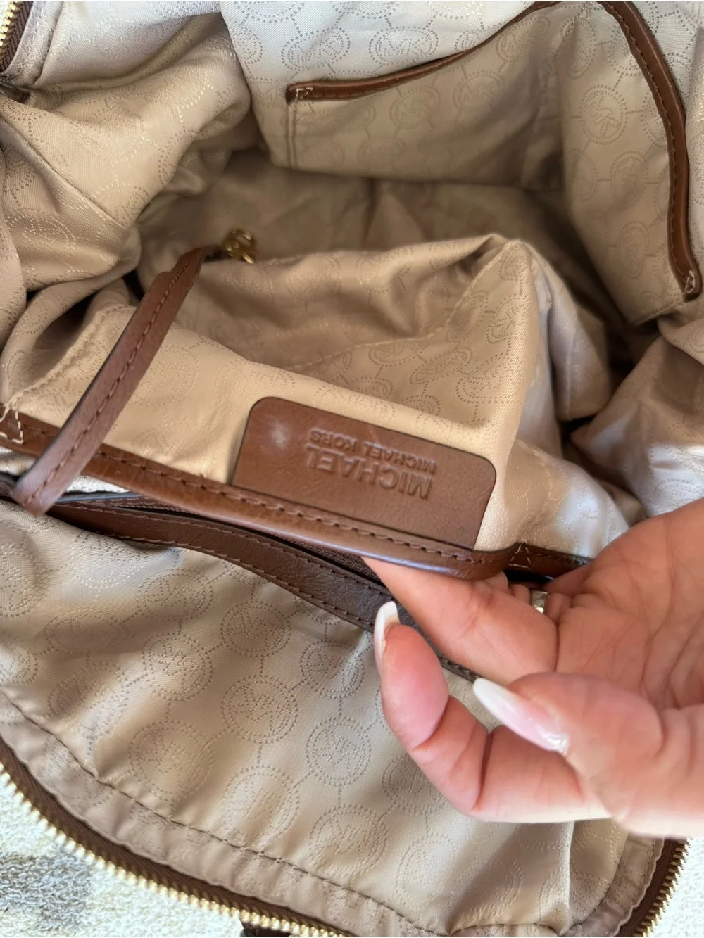 Michael Kors Beige and Brown MK Logo Satchel with Gold Hardware